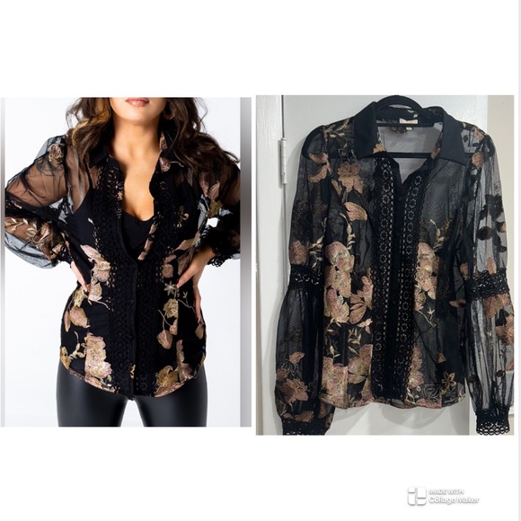 A.Peach Tops - Black and Rose Gold Sheer Floral Embroidered Button Up Women's Blouse size Large